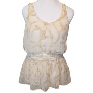 Anthropologie The Addison Story Gold Metallic Leaf Peplum Blouse Cream Womens M‎